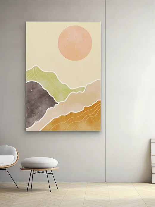 Lienzos decorativos y personalizados en Miraflores de la sierra Paisaje abstracto con montañas en tonos suavemente terrosos y un sol al fondo.