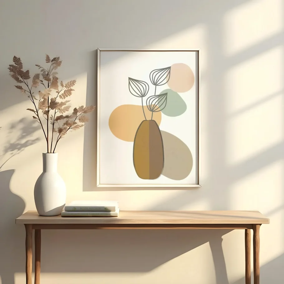 Cuadro abstracto en una pared con flores secas en un jarrón sobre una mesa de madera.