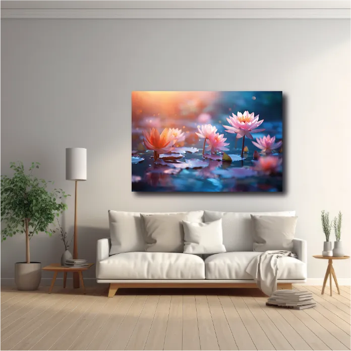 Cuadro de lirios en un lago sobre la pared de una sala con sofá y plantas.
