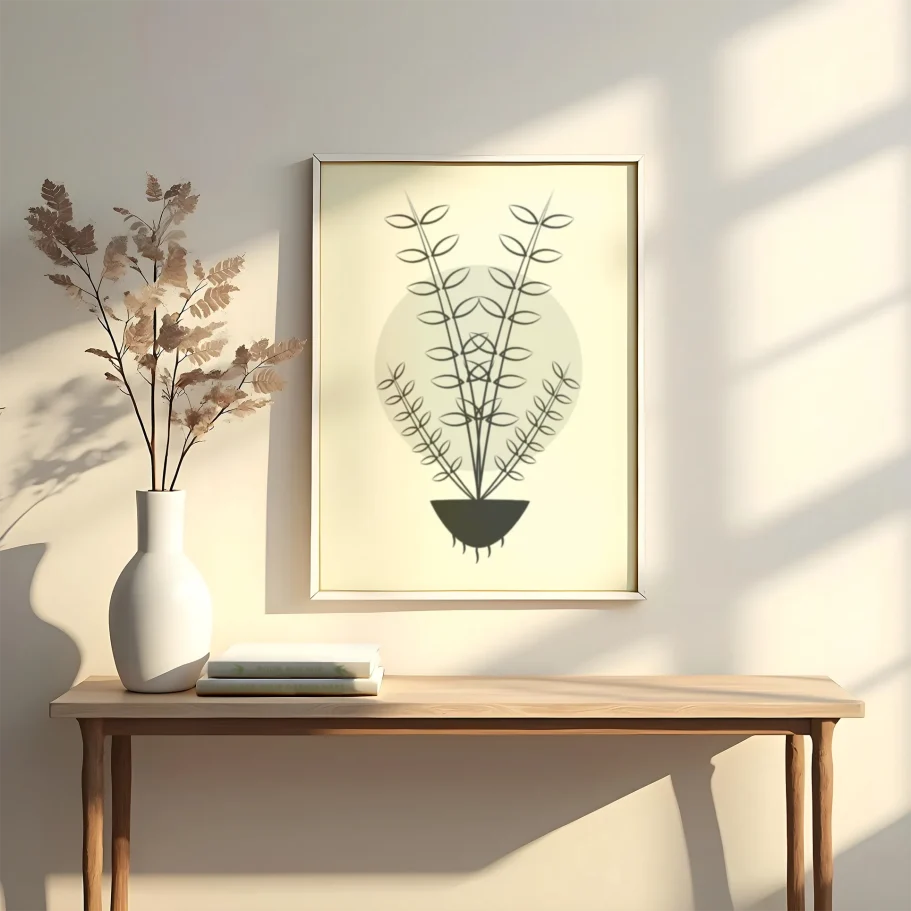 Un jarrón blanco con ramas secas y un cuadro de planta decoran una mesa de madera.