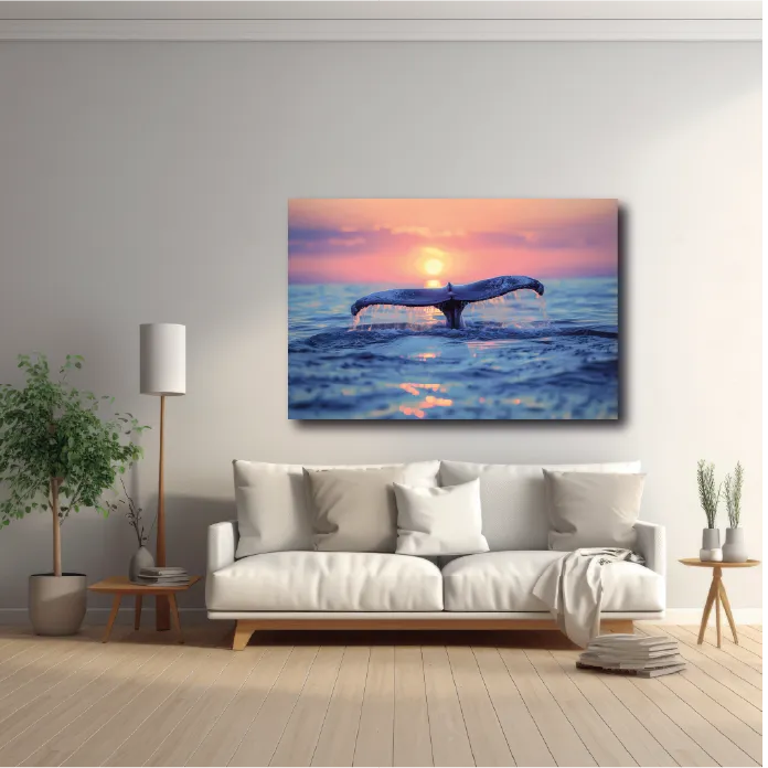 Escena de una sala con un sofá, un cuadro de un atardecer y una planta decorativa.