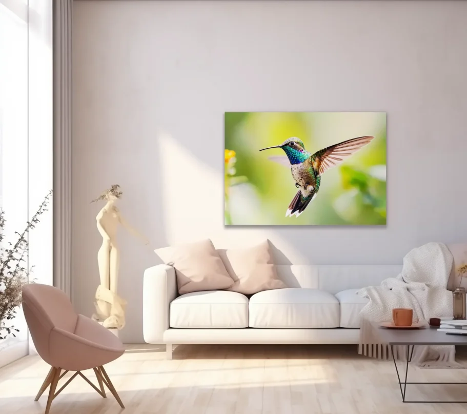 Colibrí colorido volando cerca de flores en una sala decorativa y luminosa.