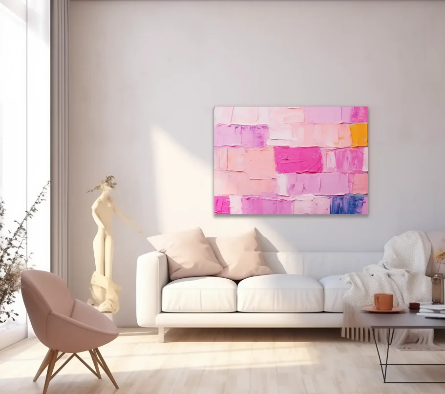 Pared blanca con una pintura abstracta en tonos rosas y un sofá claro en una habitación luminosa.
